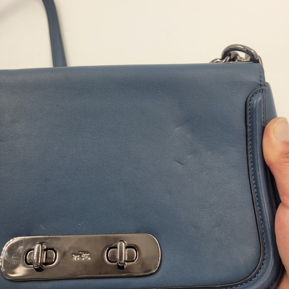 Coach Swagger Large Glove Leather Shoulder Bag DK/ Blue 54640 Chain Strap - Picture 9 of 12